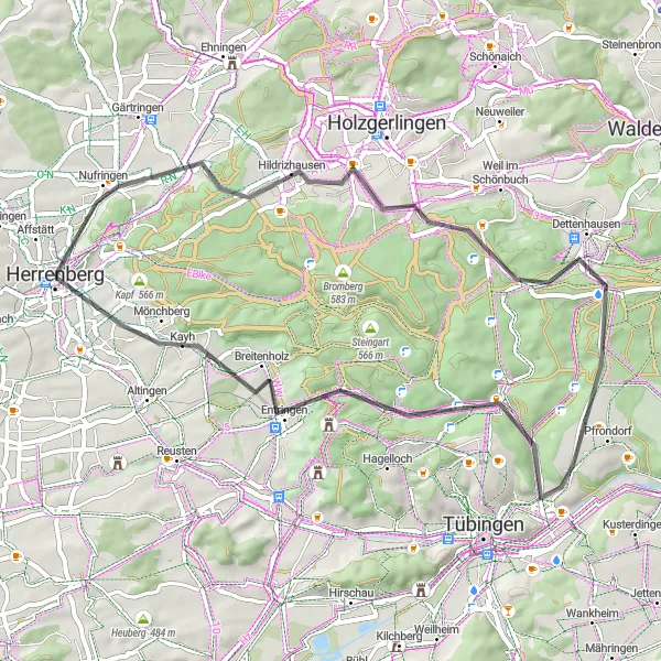 Karten-Miniaturansicht der Radinspiration "Rundfahrt Herrenberg - Schönbuch" in Stuttgart, Germany. Erstellt vom Tarmacs.app-Routenplaner für Radtouren