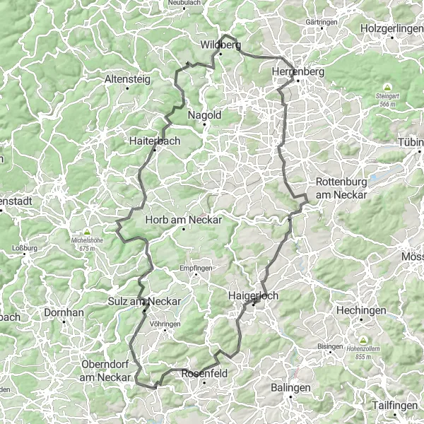 Karten-Miniaturansicht der Radinspiration "Hügelige Straßentour von Herrenberg" in Stuttgart, Germany. Erstellt vom Tarmacs.app-Routenplaner für Radtouren