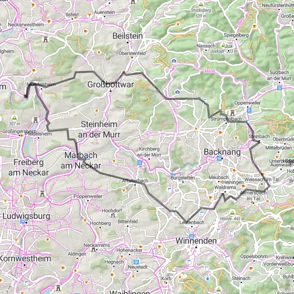 Karten-Miniaturansicht der Radinspiration "Weinberge und Täler Tour" in Stuttgart, Germany. Erstellt vom Tarmacs.app-Routenplaner für Radtouren