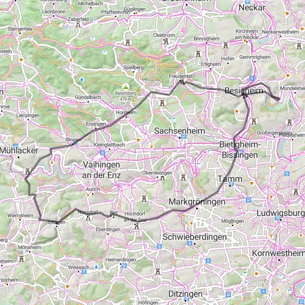 Karten-Miniaturansicht der Radinspiration "Rund um den Stromberg" in Stuttgart, Germany. Erstellt vom Tarmacs.app-Routenplaner für Radtouren
