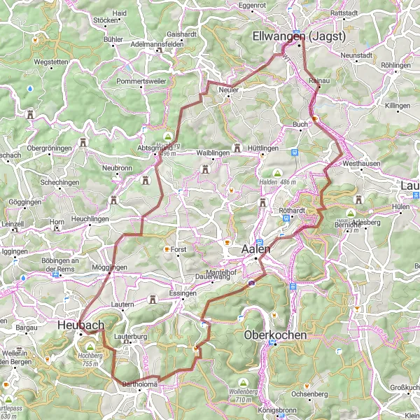 Map miniature of "Abtsgmünd to Bartholomä" cycling inspiration in Stuttgart, Germany. Generated by Tarmacs.app cycling route planner