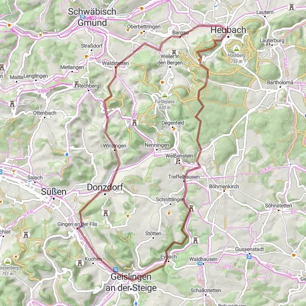 Map miniature of "Panorama Gravel Loop" cycling inspiration in Stuttgart, Germany. Generated by Tarmacs.app cycling route planner