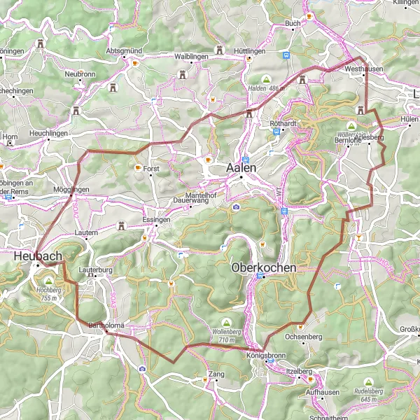 Map miniature of "Heubach Gravel Adventure" cycling inspiration in Stuttgart, Germany. Generated by Tarmacs.app cycling route planner