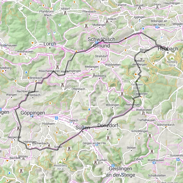 Map miniature of "Heubach to Schwäbisch Gmünd" cycling inspiration in Stuttgart, Germany. Generated by Tarmacs.app cycling route planner