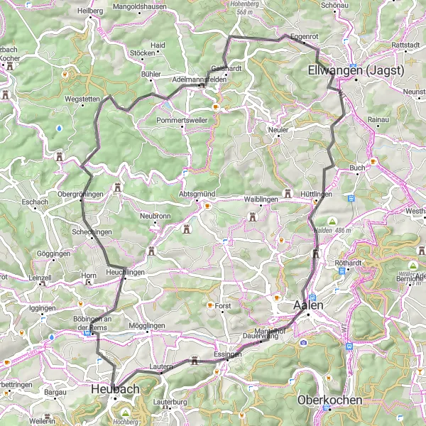 Map miniature of "Böbingen an der Rems to Hüttlingen" cycling inspiration in Stuttgart, Germany. Generated by Tarmacs.app cycling route planner