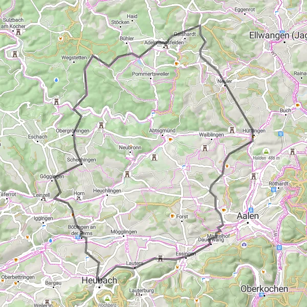 Map miniature of "Runde um Remstal" cycling inspiration in Stuttgart, Germany. Generated by Tarmacs.app cycling route planner