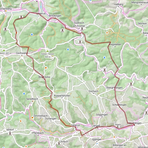 Map miniature of "Heuchlingen to Gschwend Gravel Adventure" cycling inspiration in Stuttgart, Germany. Generated by Tarmacs.app cycling route planner