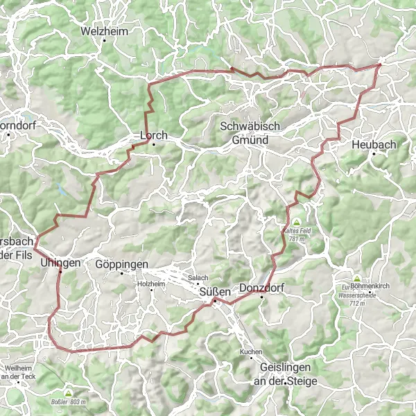 Map miniature of "The Rems Valley Gravel Loop" cycling inspiration in Stuttgart, Germany. Generated by Tarmacs.app cycling route planner