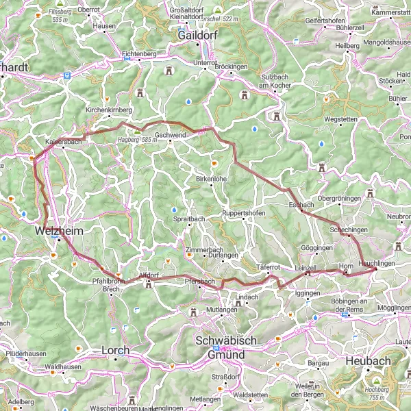 Map miniature of "Heuchlingen to Welzheim Loop" cycling inspiration in Stuttgart, Germany. Generated by Tarmacs.app cycling route planner