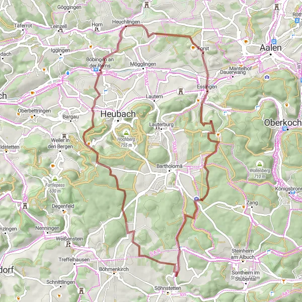 Map miniature of "Heuchlingen Gravel Loop" cycling inspiration in Stuttgart, Germany. Generated by Tarmacs.app cycling route planner