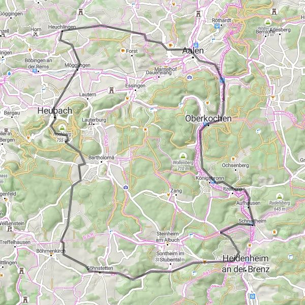 Map miniature of "Heuchlingen to Mögglingen Scenic Road Route" cycling inspiration in Stuttgart, Germany. Generated by Tarmacs.app cycling route planner