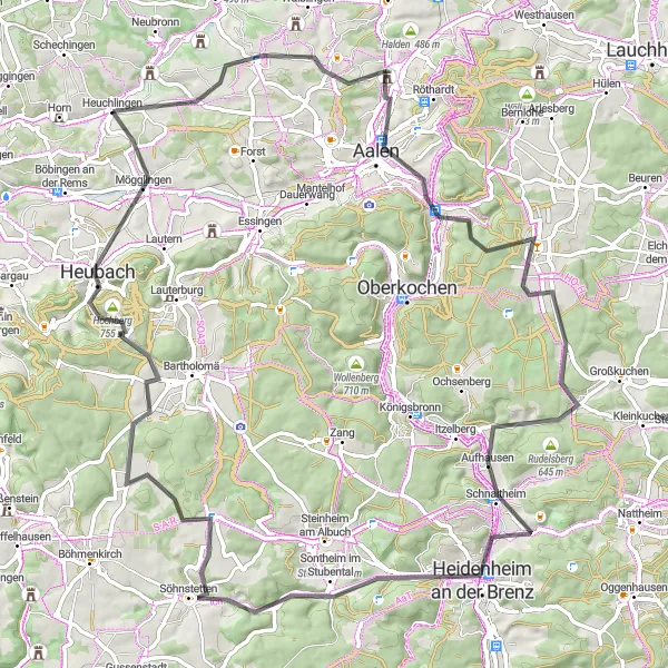 Map miniature of "Heuchlingen to Mögglingen Loop" cycling inspiration in Stuttgart, Germany. Generated by Tarmacs.app cycling route planner