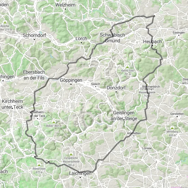 Map miniature of "The Panoramic Road Challenge" cycling inspiration in Stuttgart, Germany. Generated by Tarmacs.app cycling route planner