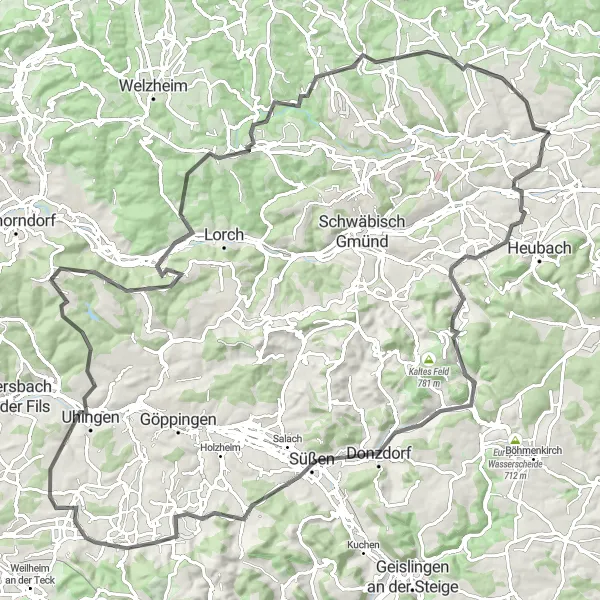 Map miniature of "Heuchlingen to Dinkelfirst Loop" cycling inspiration in Stuttgart, Germany. Generated by Tarmacs.app cycling route planner