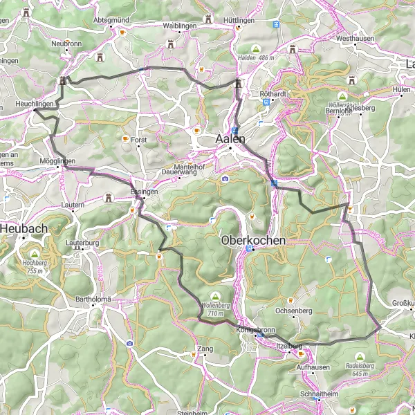 Karten-Miniaturansicht der Radinspiration "Umrundung von Heuchlingen auf Asphalt" in Stuttgart, Germany. Erstellt vom Tarmacs.app-Routenplaner für Radtouren