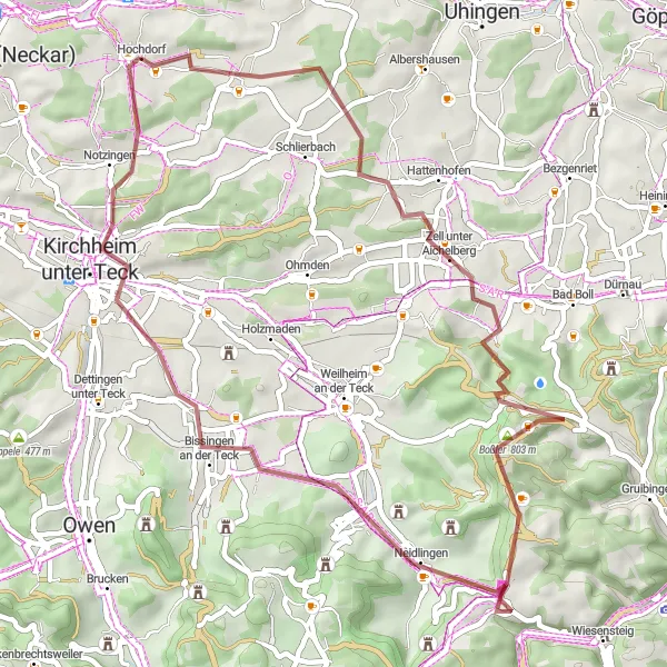 Map miniature of "The Hills of Hochdorf" cycling inspiration in Stuttgart, Germany. Generated by Tarmacs.app cycling route planner