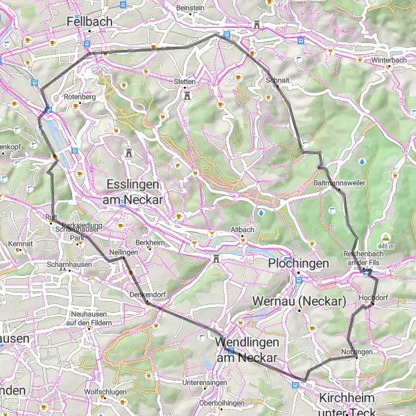Map miniature of "Remstal Wine Route" cycling inspiration in Stuttgart, Germany. Generated by Tarmacs.app cycling route planner