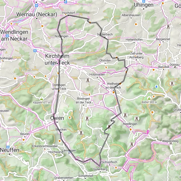 Karten-Miniaturansicht der Radinspiration "Hochdorf - Notzingen Rundweg" in Stuttgart, Germany. Erstellt vom Tarmacs.app-Routenplaner für Radtouren