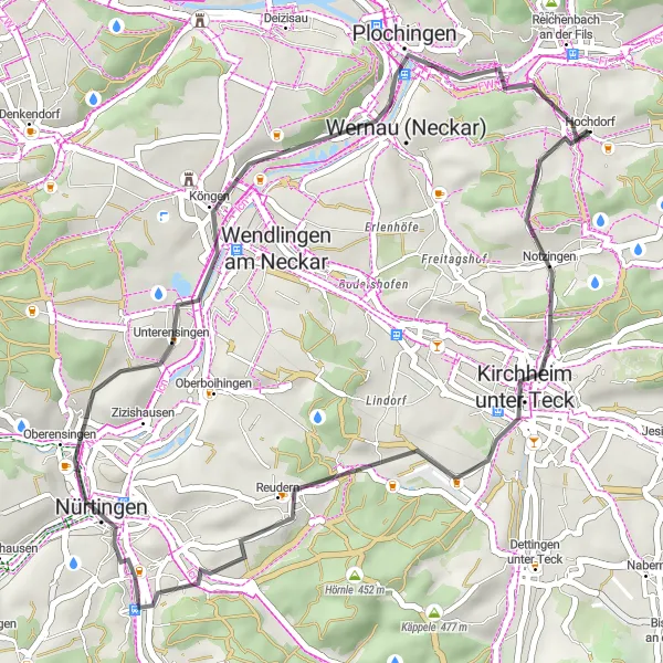 Map miniature of "Hochdorf to Kirchheim unter Teck Loop" cycling inspiration in Stuttgart, Germany. Generated by Tarmacs.app cycling route planner