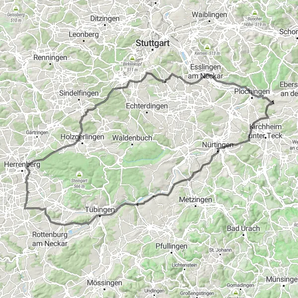 Map miniature of "Hochdorf to Tübingen Loop" cycling inspiration in Stuttgart, Germany. Generated by Tarmacs.app cycling route planner