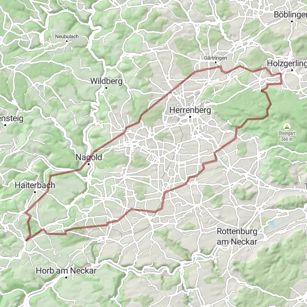 Map miniature of "Gravel Adventure near Holzgerlingen" cycling inspiration in Stuttgart, Germany. Generated by Tarmacs.app cycling route planner