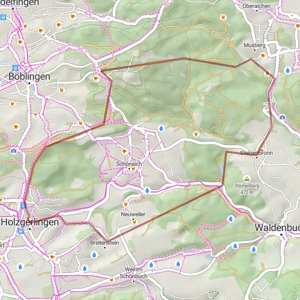 Karten-Miniaturansicht der Radinspiration "Rundweg Holzgerlingen - Breitenstein" in Stuttgart, Germany. Erstellt vom Tarmacs.app-Routenplaner für Radtouren