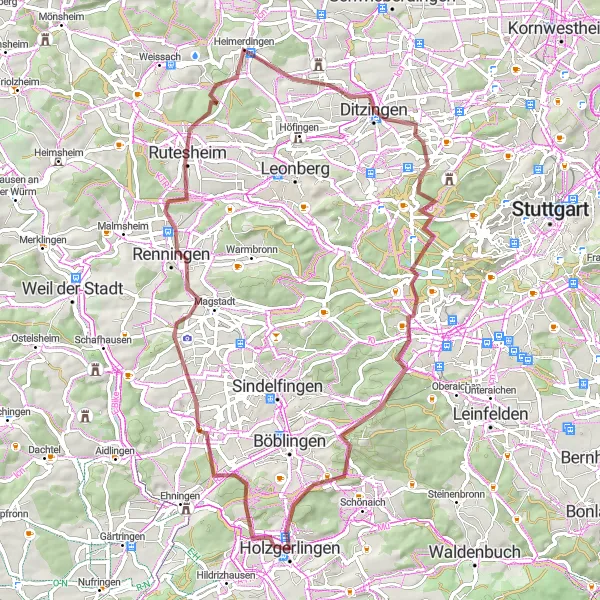 Karten-Miniaturansicht der Radinspiration "Gravel Tour über Schneckenberg und Renningen" in Stuttgart, Germany. Erstellt vom Tarmacs.app-Routenplaner für Radtouren