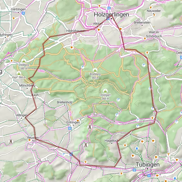 Map miniature of "Bebenhausen Gravel Loop" cycling inspiration in Stuttgart, Germany. Generated by Tarmacs.app cycling route planner