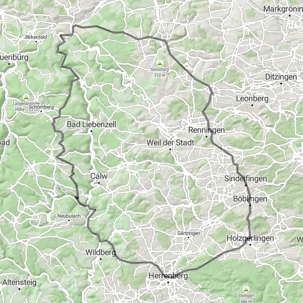 Map miniature of "Herrenberg Circuit" cycling inspiration in Stuttgart, Germany. Generated by Tarmacs.app cycling route planner