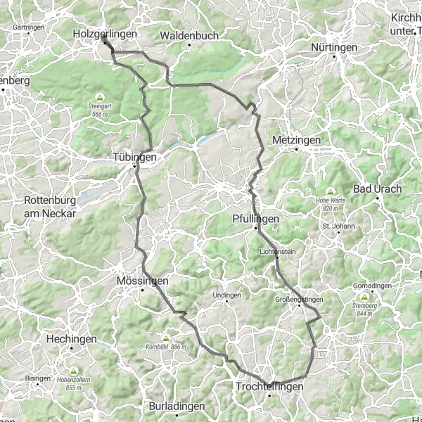 Karten-Miniaturansicht der Radinspiration "Rundweg Holzgerlingen - Tübingen" in Stuttgart, Germany. Erstellt vom Tarmacs.app-Routenplaner für Radtouren