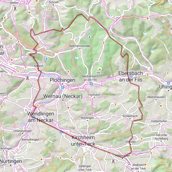Map miniature of "A Gravel Adventure Around Holzmaden" cycling inspiration in Stuttgart, Germany. Generated by Tarmacs.app cycling route planner