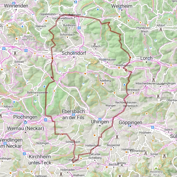 Map miniature of "The Fils Valley Adventure" cycling inspiration in Stuttgart, Germany. Generated by Tarmacs.app cycling route planner