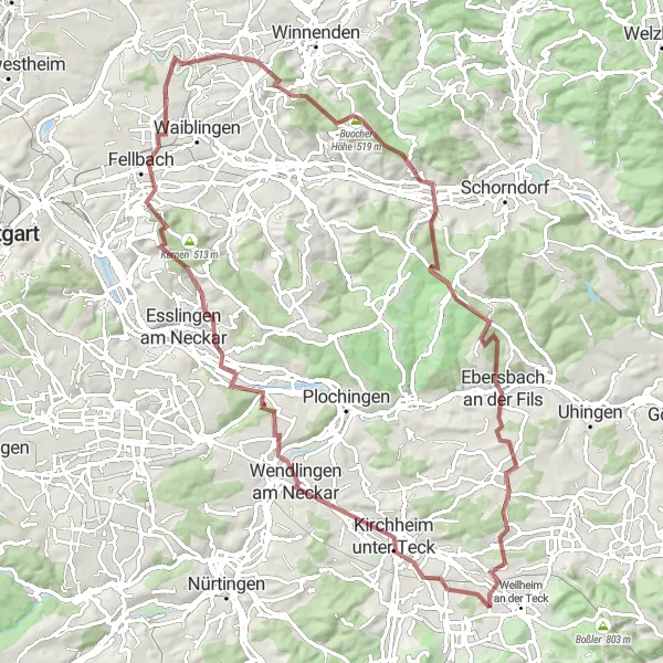 Map miniature of "The Köngen Circuit" cycling inspiration in Stuttgart, Germany. Generated by Tarmacs.app cycling route planner