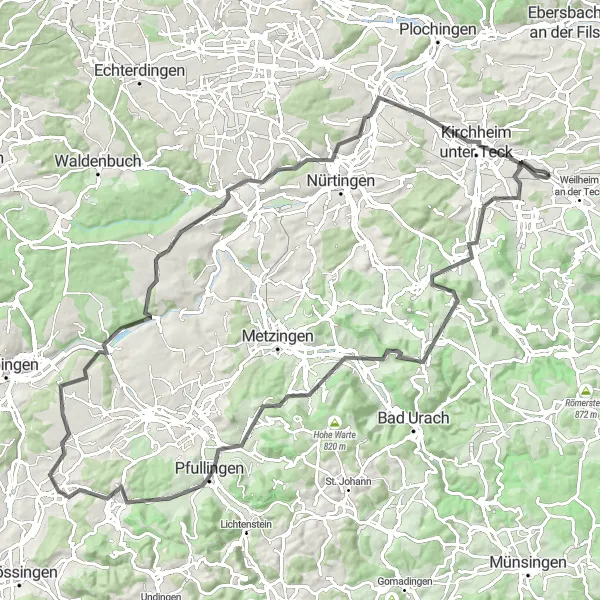 Karten-Miniaturansicht der Radinspiration "Road-Tour von Holzmaden nach Pfullingen und zurück" in Stuttgart, Germany. Erstellt vom Tarmacs.app-Routenplaner für Radtouren