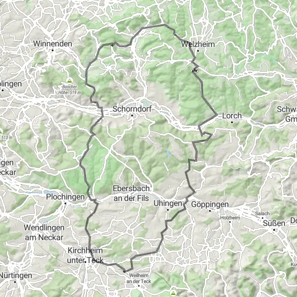 Map miniature of "Stuttgart and the Perfect Panorama" cycling inspiration in Stuttgart, Germany. Generated by Tarmacs.app cycling route planner