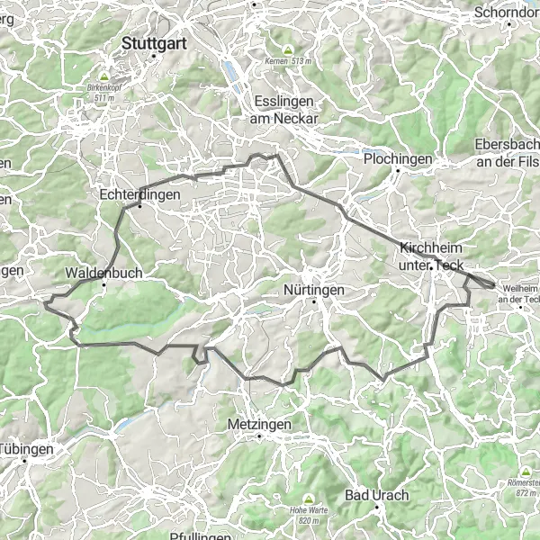 Map miniature of "Climbing Challenges and Vistas" cycling inspiration in Stuttgart, Germany. Generated by Tarmacs.app cycling route planner