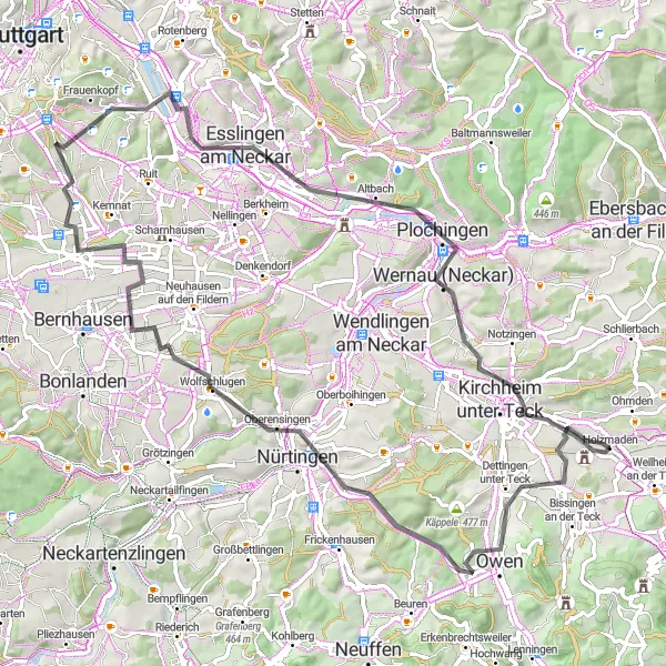 Map miniature of "The Owen Circuit" cycling inspiration in Stuttgart, Germany. Generated by Tarmacs.app cycling route planner