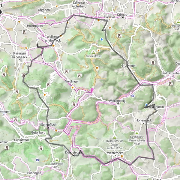 Map miniature of "The Hills of Holzmaden" cycling inspiration in Stuttgart, Germany. Generated by Tarmacs.app cycling route planner