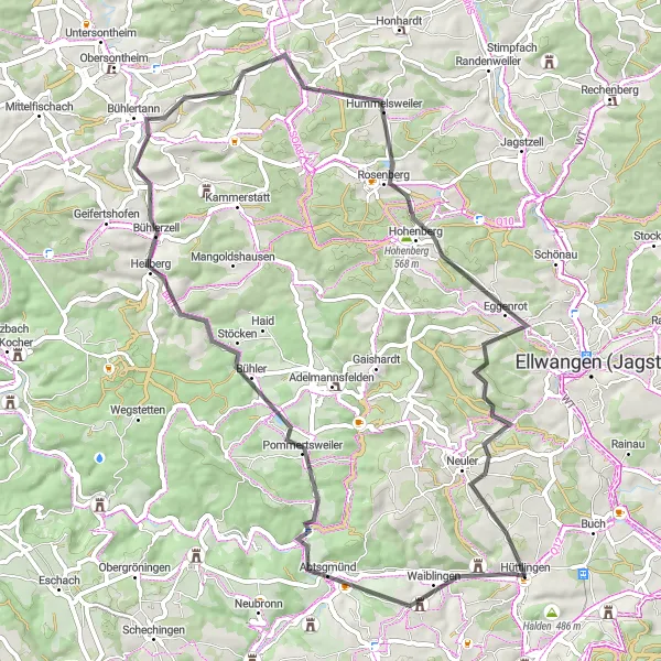 Karten-Miniaturansicht der Radinspiration "Kurze Tour um Hüttlingen" in Stuttgart, Germany. Erstellt vom Tarmacs.app-Routenplaner für Radtouren