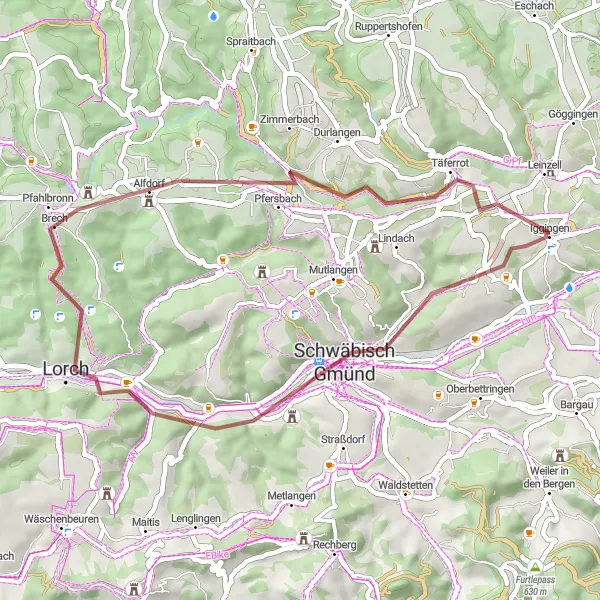 Map miniature of "Gravel Adventure near Iggingen" cycling inspiration in Stuttgart, Germany. Generated by Tarmacs.app cycling route planner