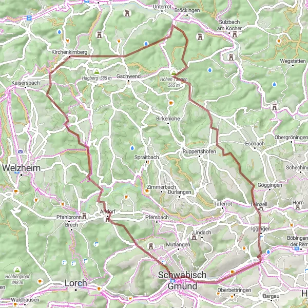 Map miniature of "Challenging Gravel Loop with Iggingen Highlights" cycling inspiration in Stuttgart, Germany. Generated by Tarmacs.app cycling route planner