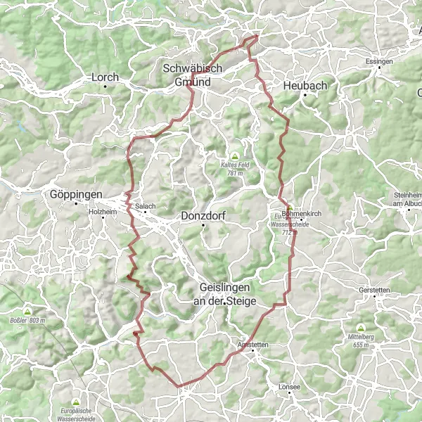 Map miniature of "Bargau to Iggingen Gravel Cycle Route" cycling inspiration in Stuttgart, Germany. Generated by Tarmacs.app cycling route planner