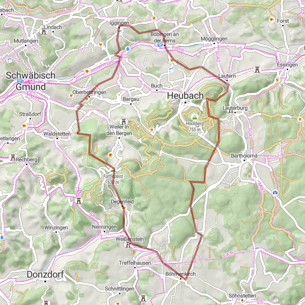 Map miniature of "The Rems Valley Gravel Adventure" cycling inspiration in Stuttgart, Germany. Generated by Tarmacs.app cycling route planner