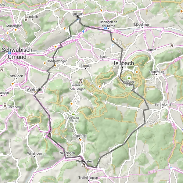 Karten-Miniaturansicht der Radinspiration "Iggingen und Umgebung: Road-Tour" in Stuttgart, Germany. Erstellt vom Tarmacs.app-Routenplaner für Radtouren