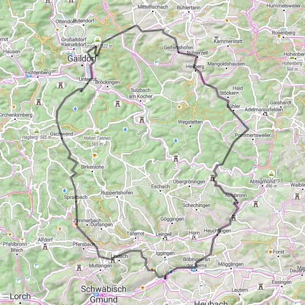 Map miniature of "Spraitbach to Böbingen an der Rems Road Cycle Route" cycling inspiration in Stuttgart, Germany. Generated by Tarmacs.app cycling route planner