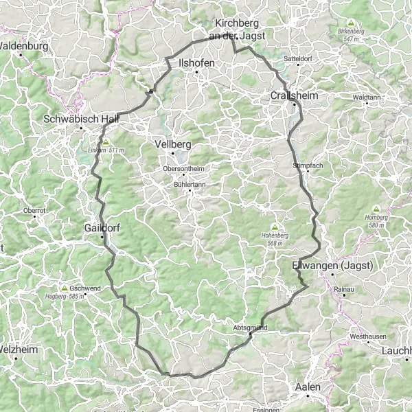 Map miniature of "Ruppertshofen to Hinkelsteine Road Cycle Route" cycling inspiration in Stuttgart, Germany. Generated by Tarmacs.app cycling route planner