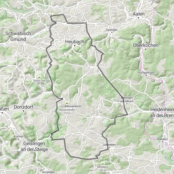 Karten-Miniaturansicht der Radinspiration "Rundtour von Iggingen nach Bargau" in Stuttgart, Germany. Erstellt vom Tarmacs.app-Routenplaner für Radtouren