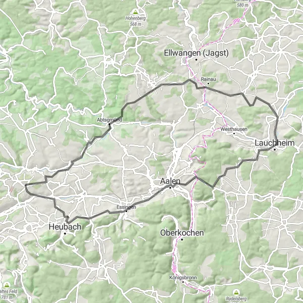 Map miniature of "The Abtsgmünd Road Adventure" cycling inspiration in Stuttgart, Germany. Generated by Tarmacs.app cycling route planner