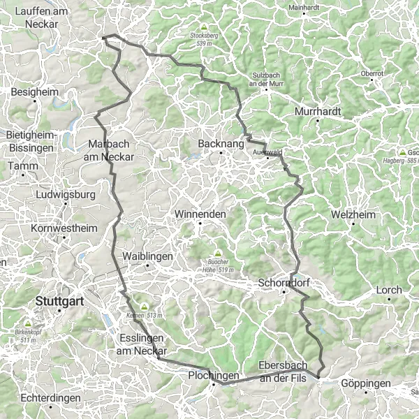 Map miniature of "The Stuttgart Hills" cycling inspiration in Stuttgart, Germany. Generated by Tarmacs.app cycling route planner