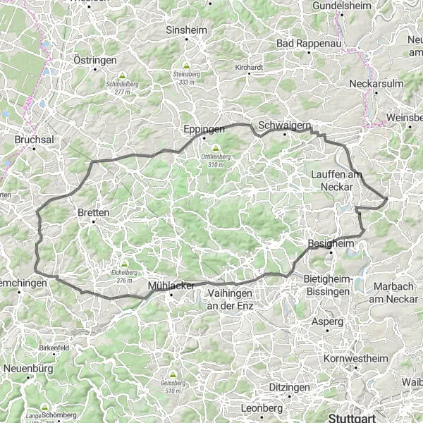 Karten-Miniaturansicht der Radinspiration "Road-Tour nach Eppingen" in Stuttgart, Germany. Erstellt vom Tarmacs.app-Routenplaner für Radtouren